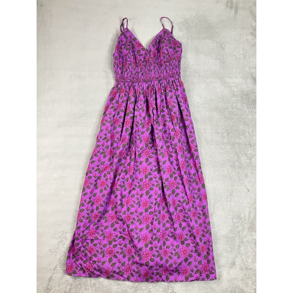 J Crew Smocked Maxi Dress Womens 10 Purple Iris Floral Waist V Neck Poplin CS986